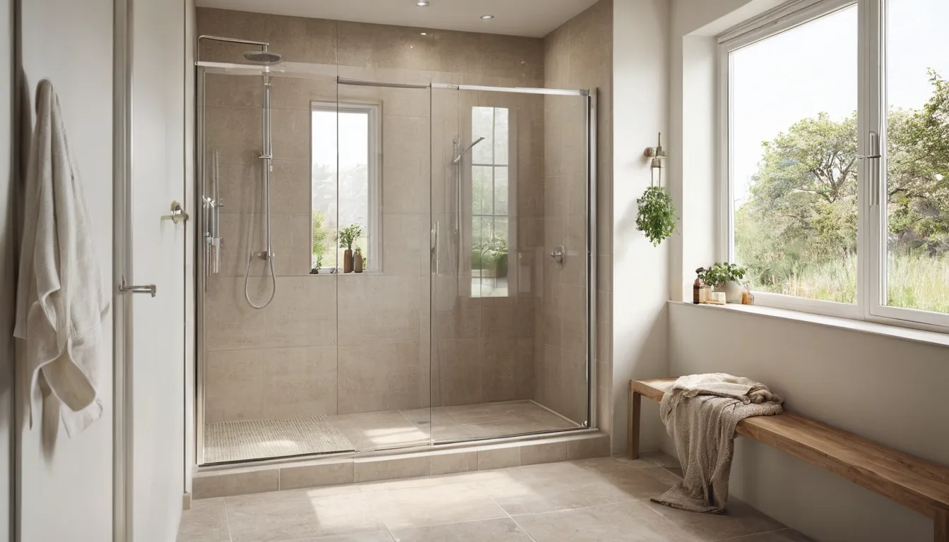 A bright, modern walk-in shower with a low step and grab bar in a Cedar Lake home