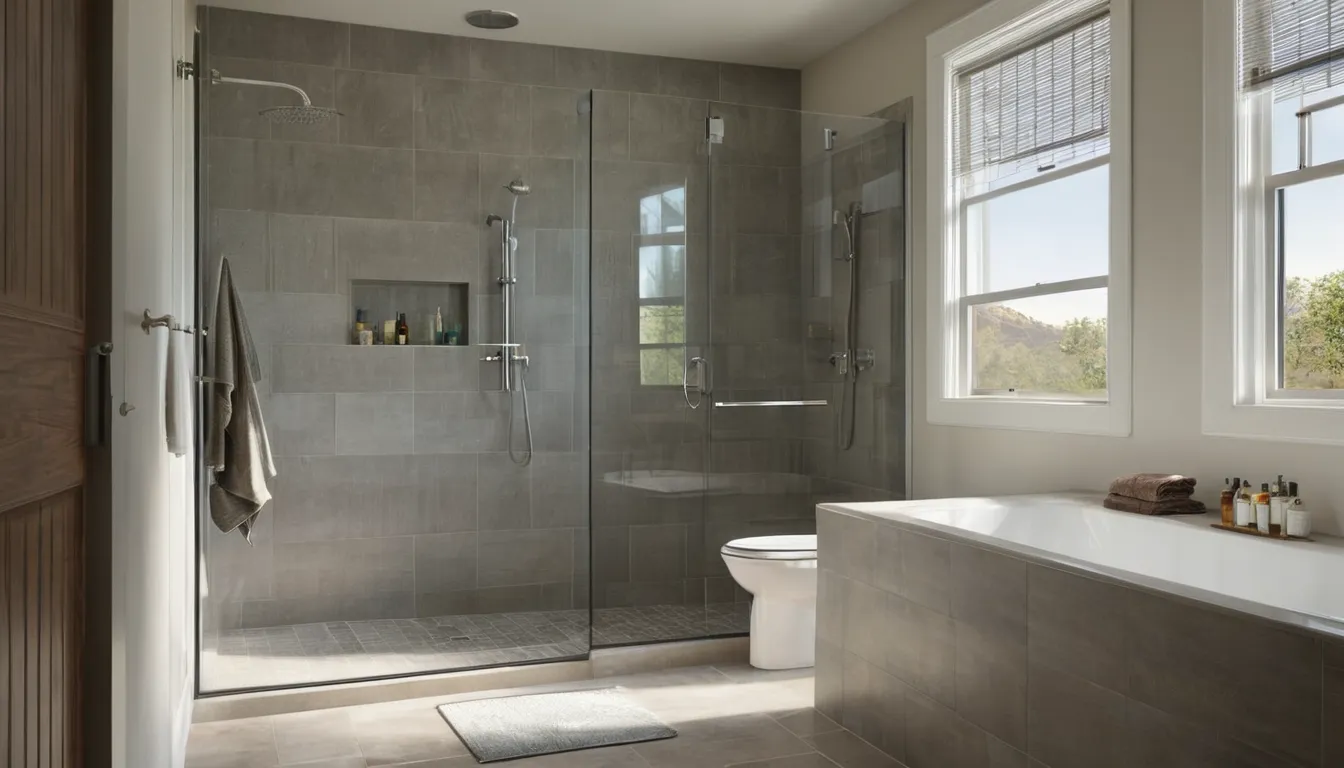 A bright, accessible walk-in shower with a bench and grab bar in a Cedar Lake home
