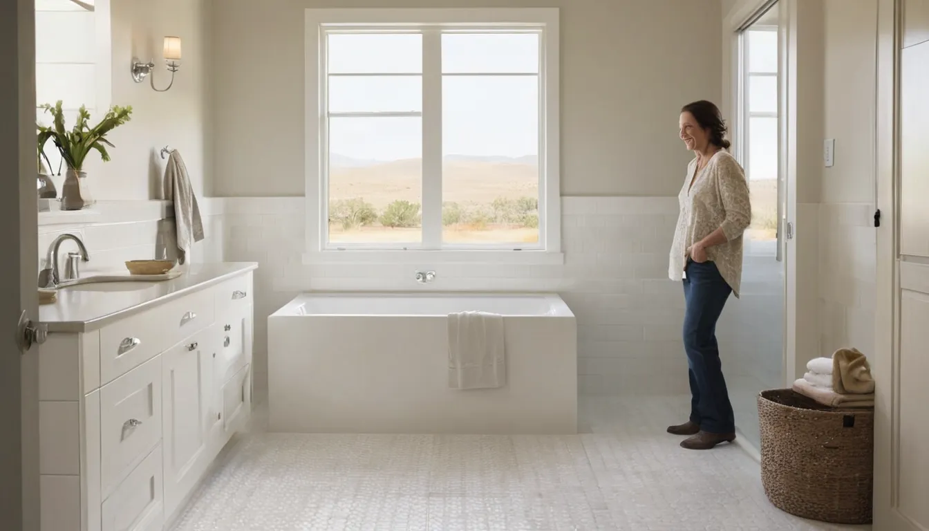 Smiling older homeowner sitting beside a new walk-in tub in a bright bathroom in Cedar Lake